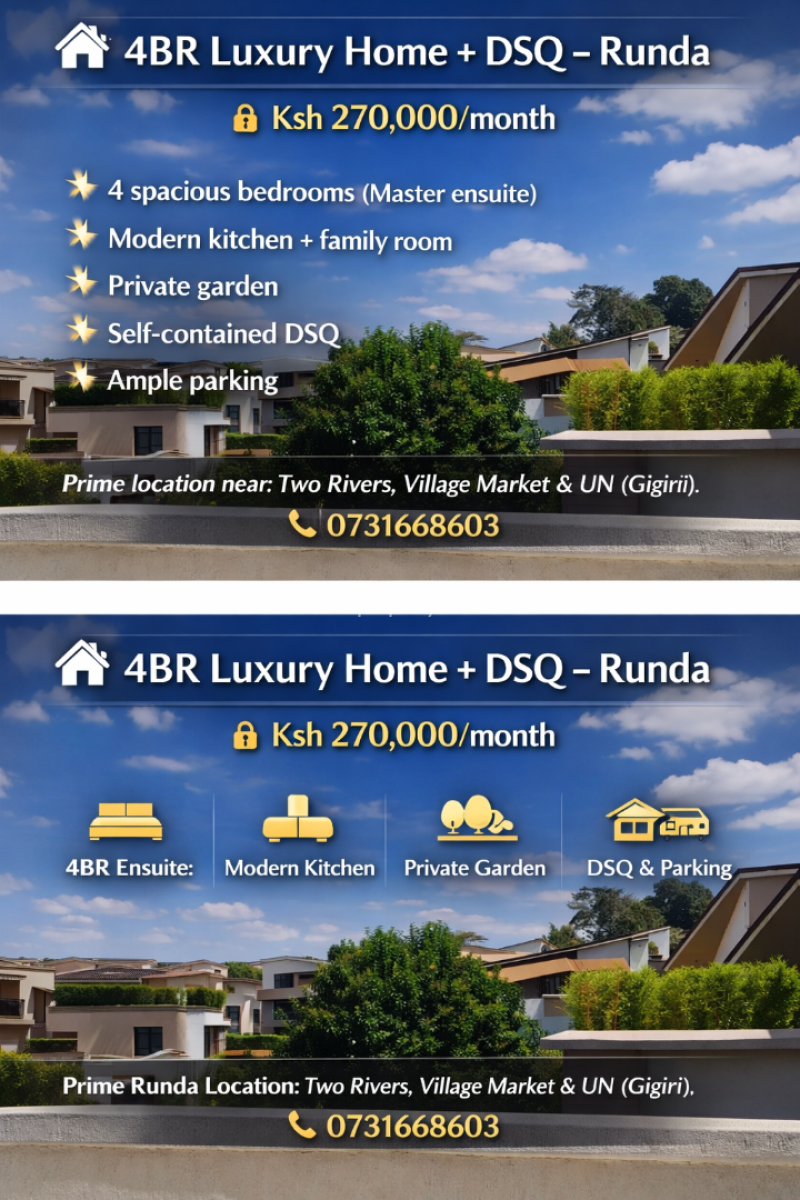 4br Luxury Home + Dsq -- Runda, Two Rivers,, Runda, Westlands, Nairobi, House for Rent