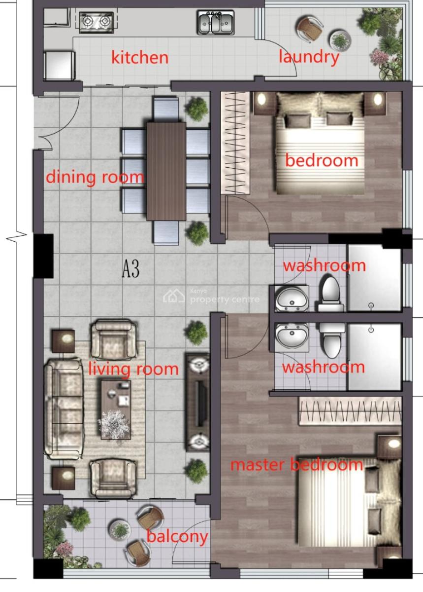 Off Plan 2 Bedroom Master Ensuite(closed Kitchen Plan) - Lido Garden, Chania Avenue, Kilimani, Nairobi, Apartment for Sale