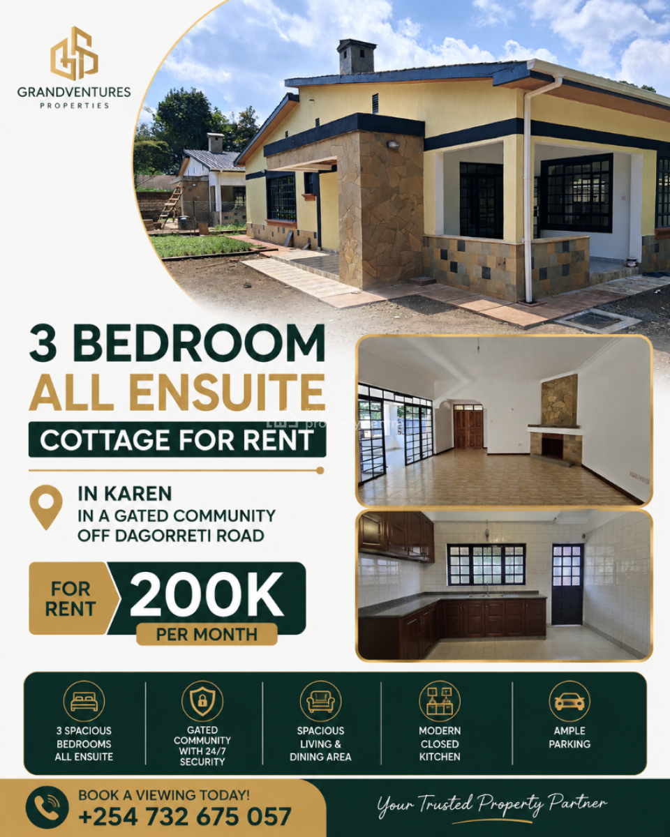 Cozy 3 Bedroom Cottage in Gated Community, Off Dagoretti Road, Karen, Nairobi, Detached Bungalow for Rent
